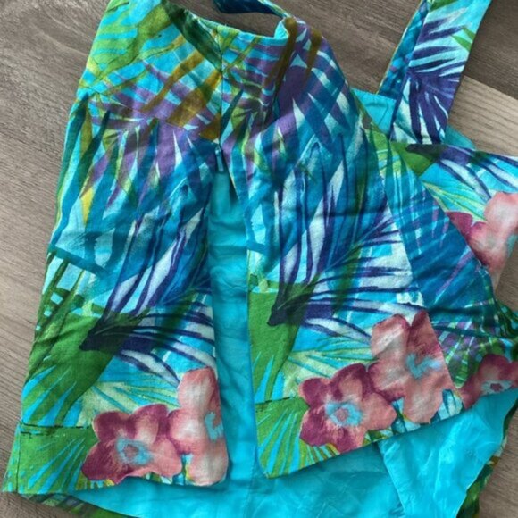 Maggy London Petites Linen Floral Camisole Womens 4 Green Blue Palm Print - Picture 6 of 6